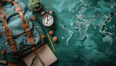 A flat lay composition of a blue backpack, alarm clock, pencil, notepad, and world map drawing on a teal background.の素材