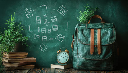 A vintage green leather backpack sits on a wooden table with old books and an alarm clock in front of a chalkboard with chalk drawings.の素材