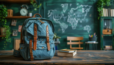 A denim backpack and two books resting on a wooden table in a rustic classroom setting.の素材