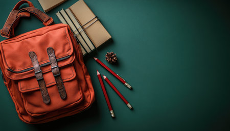 A flat lay image of an orange canvas bag with books, pencils, and a pine cone on a green background.の素材