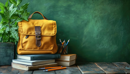 A yellow canvas backpack with leather accents rests on a stack of books, pencils, and a green plant on a rustic wooden surface.の素材