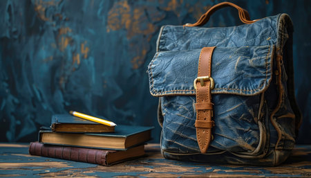 A worn leather backpack with a stack of books and a pencil on a wooden surface.の素材