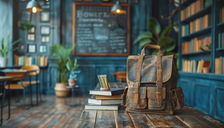 A vintage leather backpack sits on a wooden table with books, pencils, and plants in the background of a cozy cafe.の素材