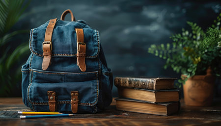 A close-up of a denim backpack with leather straps, stacked books, and pencils on a wooden table.の素材
