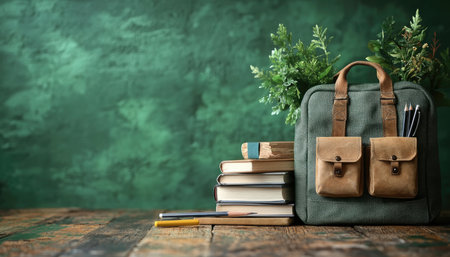 A vintage green leather backpack with books, pencils, and a pen resting on a rustic wooden surface.の素材