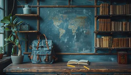A still life showcasing a vintage backpack, old books, and a world map on rustic wooden shelves in a room with teal walls.の素材