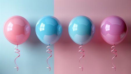 Four balloons in a row, two blue and two pink, with pink ribbons, against a pink and blue background.の素材