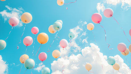 Pastel-colored balloons with ribbons floating in a clear blue sky with white clouds.の素材