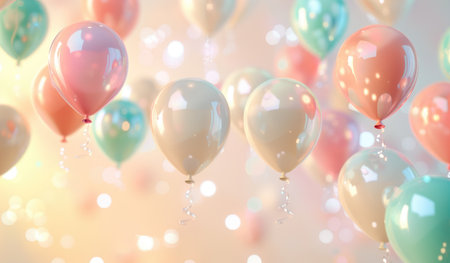 A cluster of pastel-colored balloons with ribbon tails floating against a bokeh background.の素材