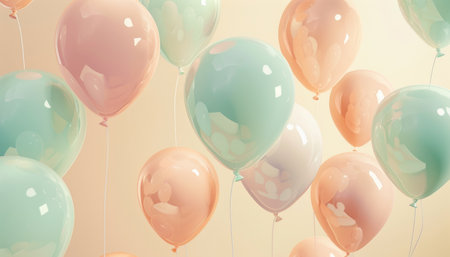 A collection of pastel-colored balloons, including shades of pink, green, and blue, float in the air against a light background.の素材