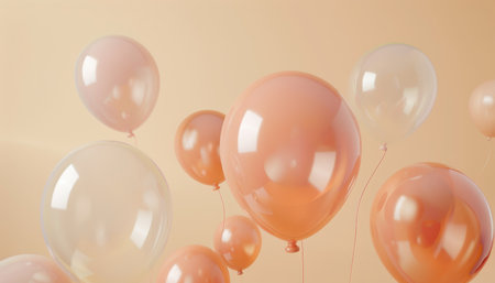 A group of pastel pink and transparent balloons floating against a peach background.の素材