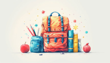 A backpack with school supplies and apples on a white background.の素材