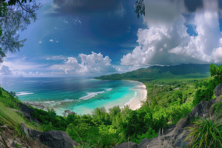 A scenic panoramic view showcasing a secluded tropical beach nestled between lush greenery and rolling hills, with clear turquoise water and white sand.の素材