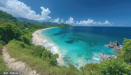 A breathtaking panoramic view of a secluded tropical beach with clear turquoise water, framed by lush green hills and white clouds in a bright blue sky.の素材