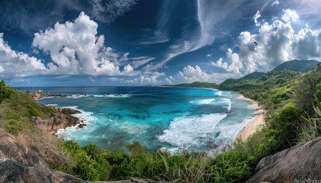 A panoramic view of a tropical island beach with turquoise water, white waves, lush vegetation, and a rocky cliff overlooking the coastline.の素材