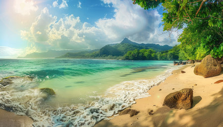 A picturesque tropical beach with foamy waves lapping on the shore, lush green mountains in the distance, and a clear blue sky above.の素材
