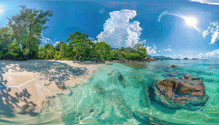 A picturesque tropical beach scene with crystal-clear water, lush green trees, and a bright, sunny sky.の素材