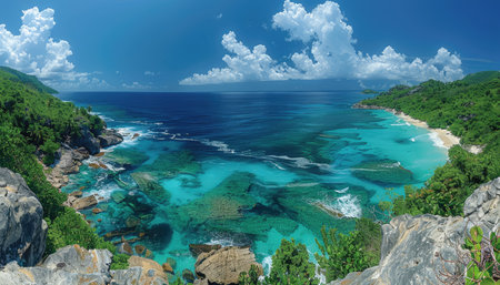 A breathtaking panoramic view of a tropical coastline, showcasing lush greenery, crystal clear turquoise waters, a white sandy beach, and a dramatic cliff.の素材
