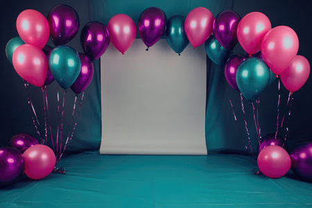 A backdrop for a party or event with pink, purple, and teal balloons arranged in an arc over a white piece of paper on a teal background.の素材