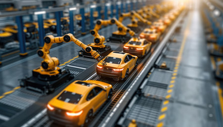 A high-angle view of a car manufacturing assembly line with yellow robots and cars moving along a conveyor belt.の素材