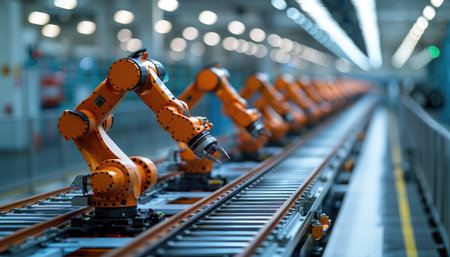 A row of orange industrial robotic arms working on an automated assembly line in a factory setting.の素材