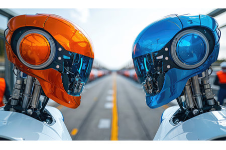 Two futuristic robots with colored helmets face each other on a paved street.の素材