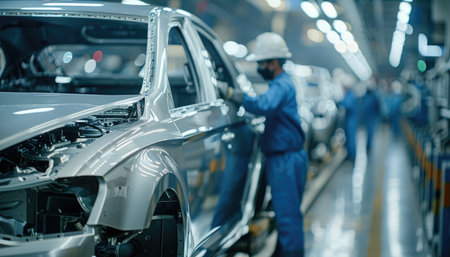 A worker is inspecting a silver car body during its production in a modern factory.の素材