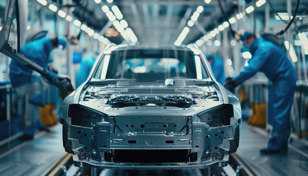 A close-up view of a car body shell on an assembly line in a factory, with workers in blue uniforms visible in the background.の素材