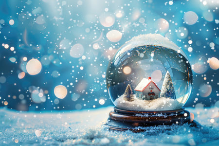 A snow globe depicting a winter scene with a small house and trees encased in swirling snow, placed on a snowy surface with blurred bokeh lights.の素材