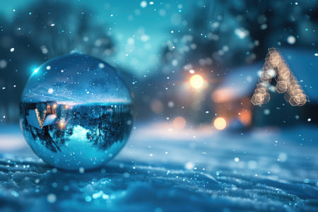 A glass ball reflecting a winter scene of a snow-covered house with glowing lights, creating a magical and cozy ambiance.の素材
