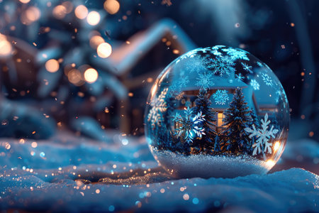 A glass globe containing a miniature winter scene, resting on snow with blurry lights in the background.の素材