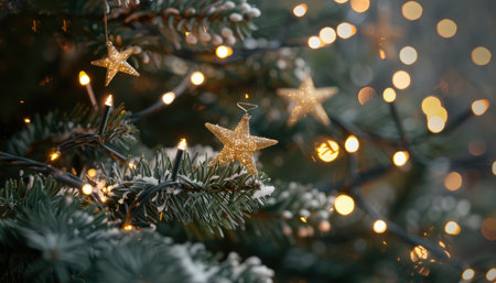 A close-up of a sparkling gold star ornament hanging on a Christmas tree branch, illuminated by twinkling lights.の素材