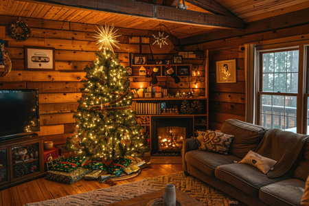 A cozy cabin decorated for Christmas with a lit fireplace, a decorated Christmas tree, and a comfortable couch.の素材