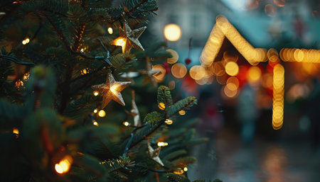 A close-up of a Christmas tree adorned with golden star ornaments, with a blurred festive background of lights and bokeh.の素材