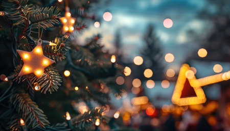 A close-up of an illuminated star ornament hanging on a Christmas tree, with a blurred background of city lights.の素材