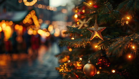 A close-up of a golden star ornament on a Christmas tree with blurred lights in the background.の素材