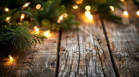 A close-up of a rustic wooden surface with a pine branch and string lights, creating a warm and inviting ambiance.の素材