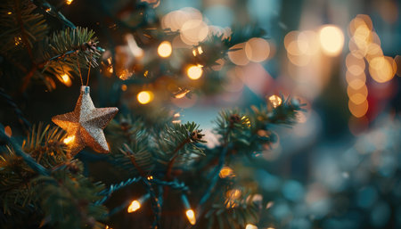 A close-up of a sparkling golden star ornament hanging on a Christmas tree with warm, twinkling lights.の素材