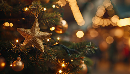A golden star ornament hangs from a decorated Christmas tree, with warm, blurry lights in the background.の素材