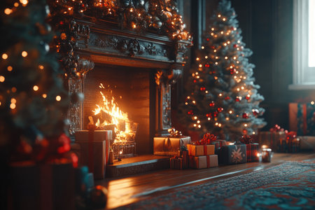 A cozy Christmas scene with a burning fireplace, decorated trees, and wrapped presents.の素材