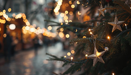 A close-up image of a Christmas tree adorned with shimmering star ornaments and glowing lights, creating a festive and celebratory atmosphere.の素材