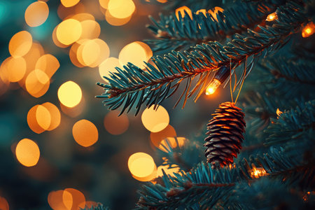 A close-up view of a pine branch with glowing Christmas lights and a pine cone, creating a warm and festive atmosphere.の素材