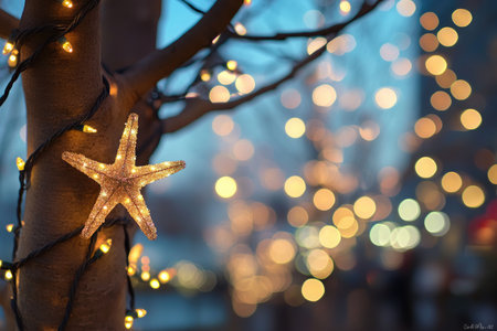 A golden starfish ornament hangs on a tree branch, illuminated by Christmas lights, creating a warm and festive ambiance.の素材