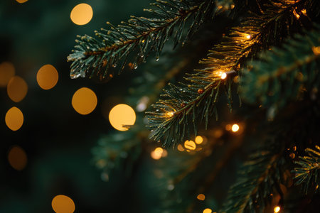 A close-up view of a pine branch with soft, warm string lights creating a bokeh effect in the background.の素材
