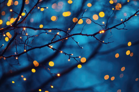 A close-up of a branch with twinkling lights against a blue background, creating a bokeh effect.の素材