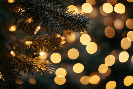 A pine branch with warm, out-of-focus lights in the background, creating a festive and cozy atmosphere.の素材