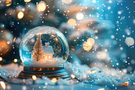 A snow globe with a miniature winter village scene, surrounded by twinkling lights and falling snow, creating a festive and magical winter atmosphere.の素材