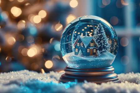 A glass snow globe with a miniature winter cabin and a Christmas tree inside, resting on a snowy surface with bokeh lights in the background.の素材
