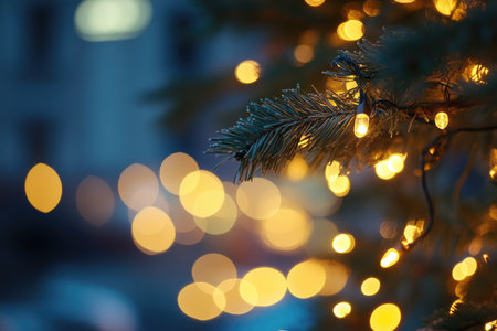 A close-up of a Christmas tree branch with string lights and a bokeh background.の素材