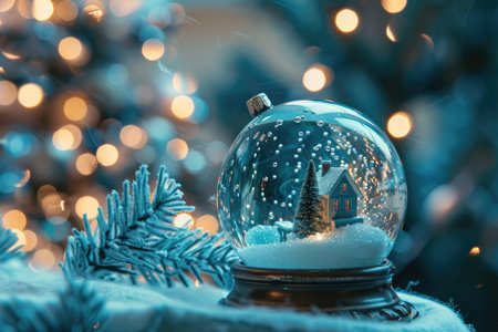 A snow globe with a miniature house and Christmas tree, sitting on a snowy surface with a bokeh background.の素材